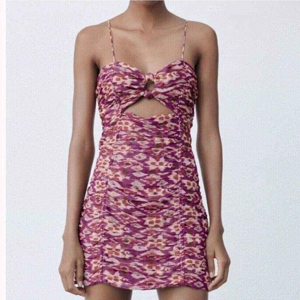 ZARA women's Purple Gold Metallic Twist Front Draped Ruched Dress size M NEW